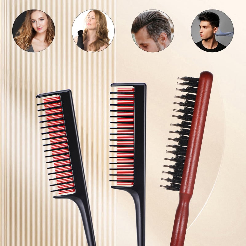 Qulkws 3 Pcs Hair Teasing Comb Set,Nylon Triple Comb and Boar Bristle Teaser Brushes for Women and Men styling Thick Fine Hair Styling, red, black - Image 3
